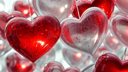 Poster - Hanging glass hearts create a whimsical atmosphere, shining with light and love in a vibrant space Generative AI