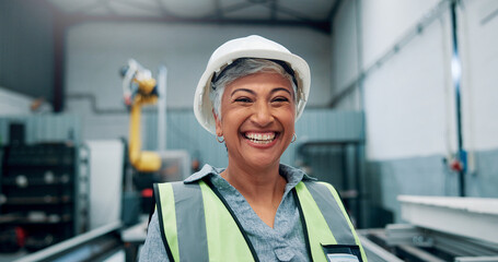 Poster - Portrait, woman and engineer with smile for robotics production, manufacturing career and industry. Happy, mature person and technician with pride for automation, machine development and maintenance