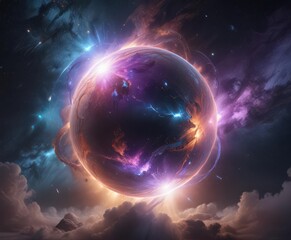 Wall Mural - ethereal orb radiates cosmic energy amidst swirling nebulae , dark matter, galaxy