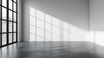 Aufkleber - Bright and minimalistic office mockup features large windows allowing natural light to cast soft shadows across the polished floor, highlighting an inviting workspace