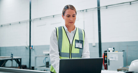 Poster - engineer, laptop and woman in factory for robotics, manufacturing and assembly line. computer, autom