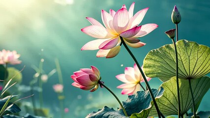Poster - Vibrant lotus flowers bloom gracefully in a tranquil pond under soft sunlight at dawn Generative AI
