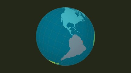 Poster - Rotating globe. Tilted sphere view. Fast speed globe rotation. Colored continents style. World map with sparse graticule lines on dark background. Dazzling animation.