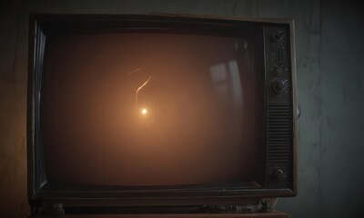 Wall Mural - Close-up of vintage CRT screen displaying static, showing warm glow and scan lines ,  weathered,  artifact