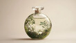 © Kebon - Elegant perfume bottle with delicate botanicals.  A round glass bottle filled with a liquid, showcasing a miniature ecosystem of preserved greenery and white flowers.