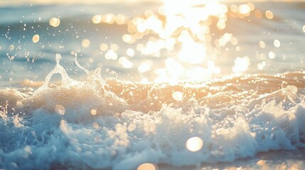 Poster - Golden hour casts enchanting sunlight on gentle ocean waves, creating a dreamy bokeh effect. The sparkling water dances with vibrant colors, inviting calm and wonder