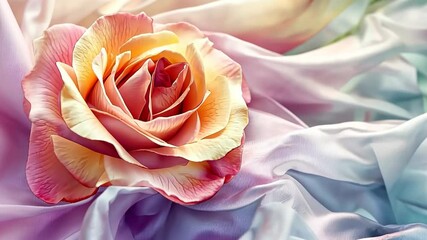 Poster - Elegant rose blossoms on soft pastel fabric creating a serene and artistic ambiance in a cozy indoor setting Generative AI