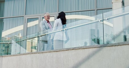 Aufkleber - Business people, greeting and handshake in city for meeting, smile and agreement on balcony. Building, team and shaking hands outdoor for collaboration, partnership and opportunity for negotiation