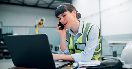 Poster - engineer, laptop and phone call in robotics warehouse for manufacturing schedule, planning and proje