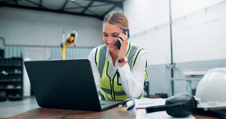 Poster - robotics, phone call and woman with smile, laptop and conversation with network, chatting and connec