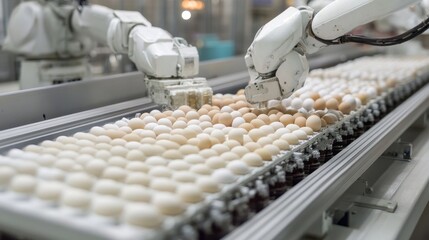 Aufkleber - Advanced robotic arms work seamlessly to pack eggs on a conveyor belt in an egg packaging facility. The automation enhances speed and precision during the process