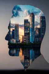Poster - Silhouette of an Engineer Overlooking a Cityscape Highlighting Solar Energy Futures and Urban Development in a Double Exposure Style