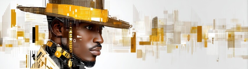Poster - Engineer with futuristic elements showcasing solar energy concepts and double exposure effects in a vibrant, artistic silhouette