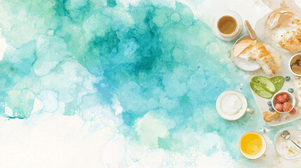 Wall Mural - desktop background, watercolor style, minimalist background, modern kitchen with natural light, homemade breakfast, minimalism,flat lay,