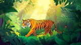Tiger Walking Jungle Sunlight.