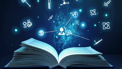 Poster - Discovering knowledge within an open book surrounded by floating icons representing various fields of science and creativity Generative AI