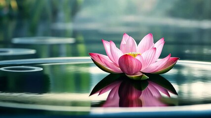 Poster - Beautiful pink lotus blooms serenely on tranquil water surface, reflecting nature's harmony and grace at dawn Generative AI