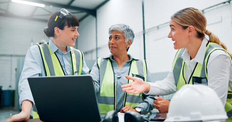 Poster - women, engineers and laptop with team for planning, discussion and communication at factory. female 