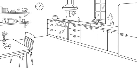 Fototapete - Kitchen room graphic black white home interior sketch illustration vector 