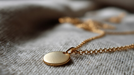 Aufkleber - Elegant gold necklace with a circular pendant resting on a textured fabric, highlighting its simple design and the soft interplay of light and shadow.