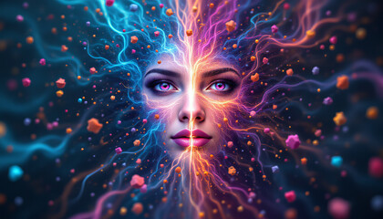Poster - electric energy flows around surreal female face with vibrant blue and orange light effects