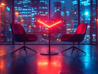 Poster - futuristic conference room with neon lit cityscape