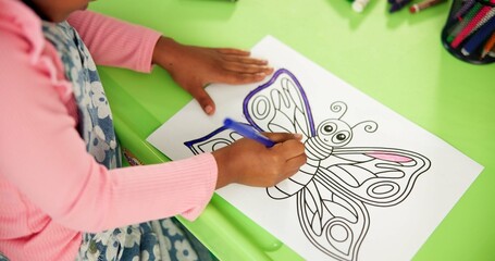 Leinwandbilder - Color, butterfly and drawing with hands in classroom for child development, artwork and creative project. Above, academy and growth with student at school for knowledge, learning and education
