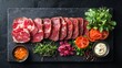 © ngalong project - Sliced meat with garnishes on a dark stone board food presentation.