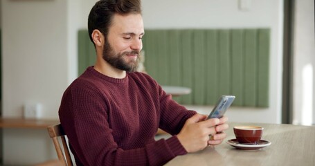 Poster - Man, smile and phone in cafe for message, social media or typing in texting app. Male customer, coffee and cellphone in restaurant for connectivity, communication or online dating site for networking