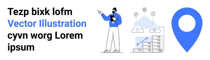 Poster - man pointing to cloud elements, networking icons, bar chart, and location marker. ideal for data ana