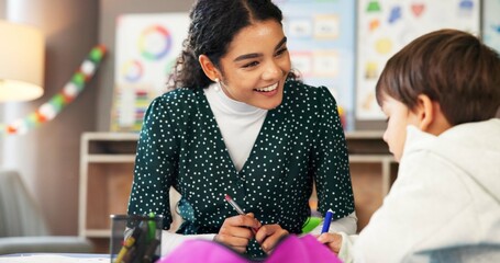 Aufkleber - Smile, woman and teacher with child drawing for learning support, art lesson and kindergarten class. Female person, helping and kid with creative artwork, teaching activity and education development