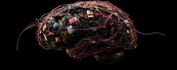Poster - A creative depiction of a wired brain, illustrating the connection between technology and mental processes.