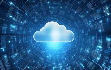 Poster - A digital cloud symbol surrounded by a futuristic data tunnel, representing cloud computing, data storage, and advanced technology concepts in a modern, tech-oriented world.