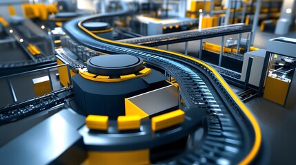 Poster - A dynamic view of an automated industrial conveyor system with sleek yellow and black design
