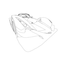 Poster - A car is drawn in black and white. The car is a sports car with a sleek design. The car is shown from the side, with the hood up and the wheels visible. The car is a symbol of luxury and speed