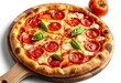 © DITSARAPHAN - A crispy New York pepperoni pizza on a wooden peel, isolated on white, gourmet, cheesy