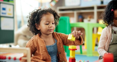 Poster - Education, girl and playing with building blocks in classroom for creative activity, motor development and learning. Child student, kindergarten and stack toys for problem solving and coordination