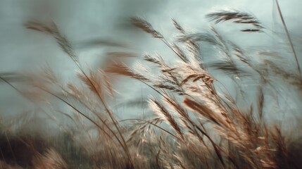 Wall Mural - Gentle Breeze Moves Tall Grasses Against a Cloudy Sky