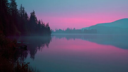 Wall Mural - serene misty lake at dawn with pink and purple sky reflection