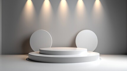 Poster - A clean, minimalist podium with circular backdrops illuminated by soft lights creates a modern setting ideal for showcasing products or hosting presentations in a stylish environment