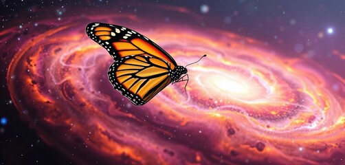 Wall Mural - A monarch butterfly, wings outstretched, floats serenely above a swirling, vibrant galaxy, nature, galaxy