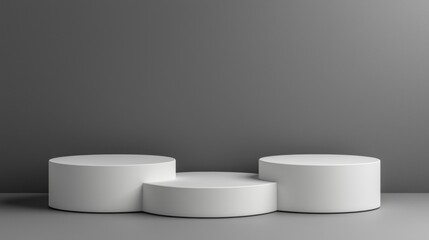 Poster - Three circular white podiums of varying heights are positioned on a sleek surface, creating a modern backdrop ideal for showcasing products in a sophisticated manner