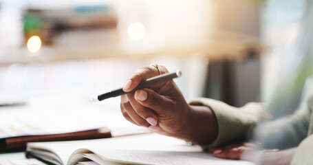 Leinwandbilder - Pen, hand and person with notebook in home for studying with university test, exam or assignment. Stationary, closeup and student writing notes for research on college scholarship application.