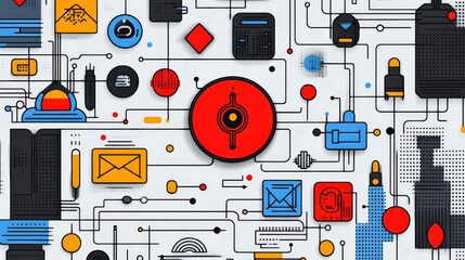 Poster - Abstract digital design featuring colorful geometric shapes and technology icons on a white background