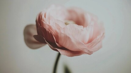 Poster - A soft pink ranunculus flower displays its layers of petals, drawing attention with its gentle colors. Set against a muted background, this flower symbolizes beauty and elegance in nature