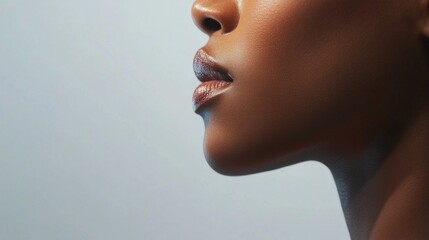Poster - In a soft studio setting, a beautiful Black woman's profile is highlighted, showcasing her smooth skin and elegant features. The lighting emphasizes her natural beauty and poise