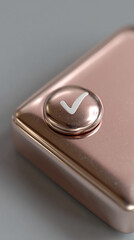 Poster - Rose gold metallic surface with a circular button featuring a white checkmark, showcasing minimalist design and concept of approval or completion