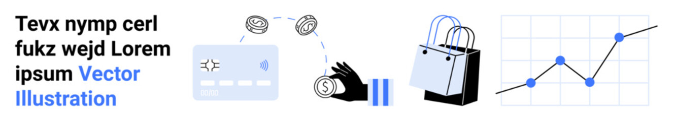 Poster - credit card, hand with coins, shopping bag, growth chart symbolizing payments, e-commerce, and analy