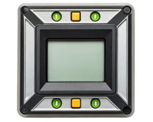 square electronic device with buttons and display screen on a transparent background