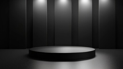 Fototapete - A sleek black podium sits in a minimalistic environment, illuminated by soft spotlights, providing an ideal backdrop for product presentations or exhibitions